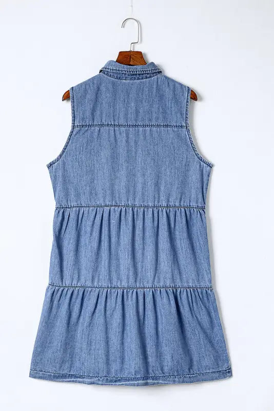 Sky blue flap pockets button up sleeveless denim dress - xl / 85% cotton + 15% polyester - mini dresses