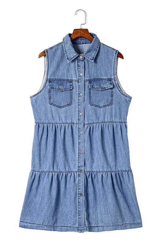 Sky blue flap pockets button up sleeveless denim dress - xl / 85% cotton + 15% polyester - mini dresses