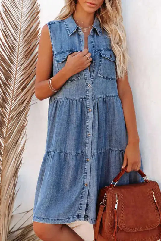 Sky blue flap pockets button up sleeveless denim dress - xl / 85% cotton + 15% polyester - mini dresses