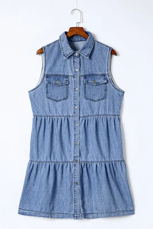 Sky blue flap pockets button up sleeveless denim dress - xl / 85% cotton + 15% polyester - mini dresses