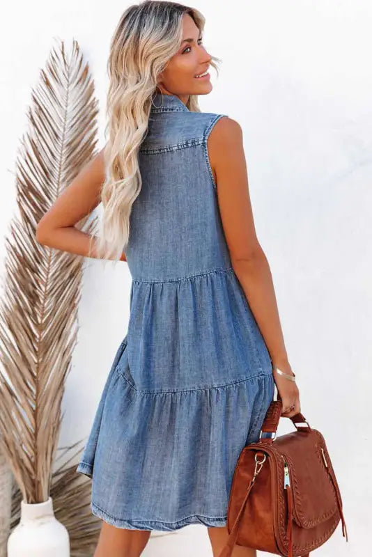 Sky blue flap pockets button up sleeveless denim dress - xl / 85% cotton + 15% polyester - mini dresses