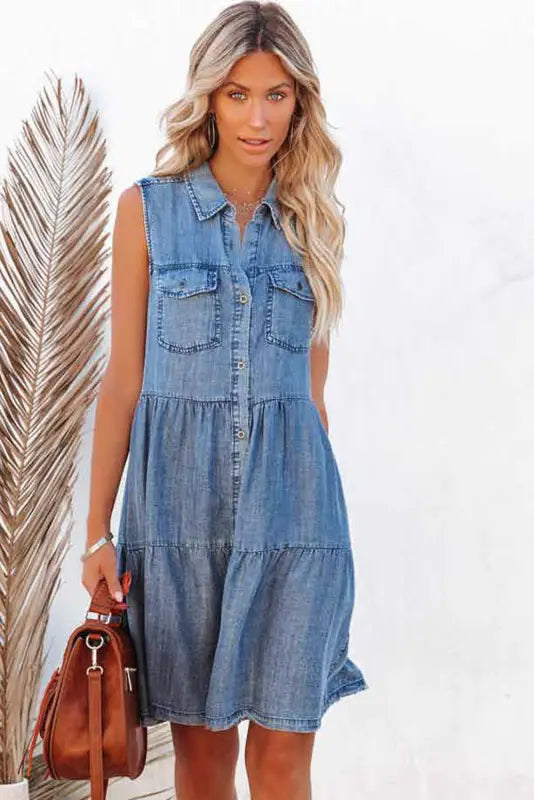 Sky blue flap pockets button up sleeveless denim dress - xl / 85% cotton + 15% polyester - mini dresses