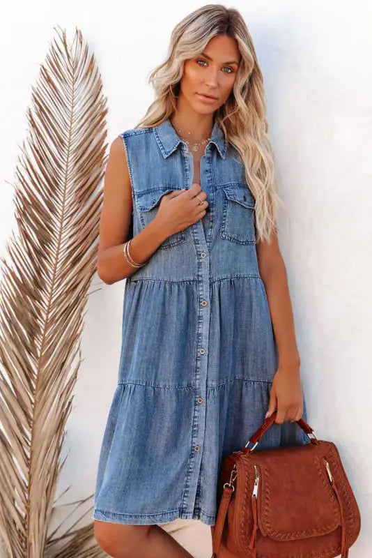 Sky blue flap pockets button up sleeveless denim dress - xl / 85% cotton + 15% polyester - mini dresses