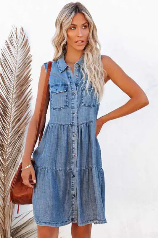 Sky blue flap pockets button up sleeveless denim dress - xl / 85% cotton + 15% polyester - mini dresses