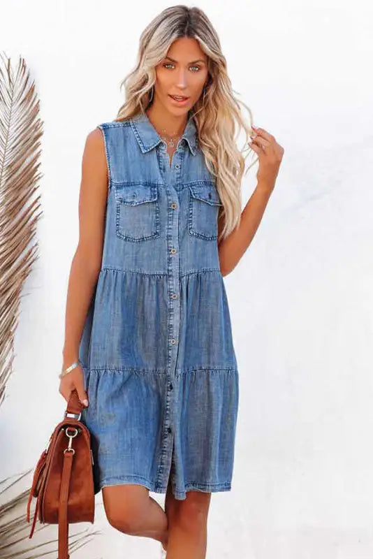 Sky blue flap pockets button up sleeveless denim dress - xl / 85% cotton + 15% polyester - mini dresses