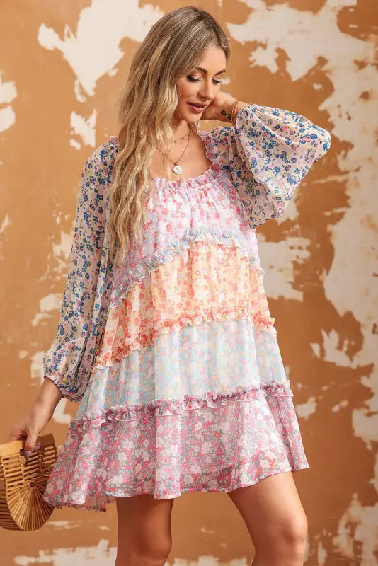 Sky blue floral colorblock tiered puff sleeve dress - mini dresses