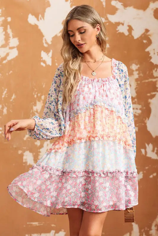 Sky blue floral colorblock tiered puff sleeve dress - mini dresses