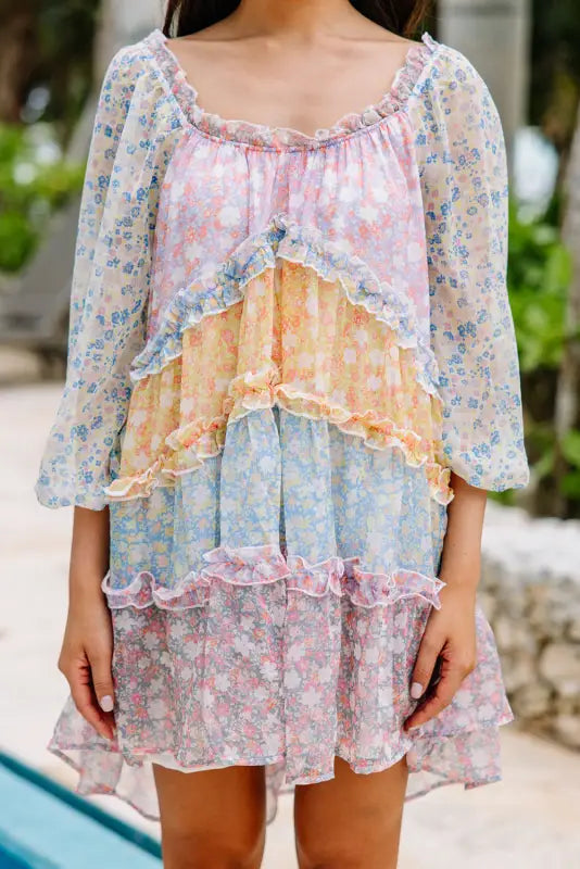 Sky blue floral colorblock tiered puff sleeve dress - mini dresses