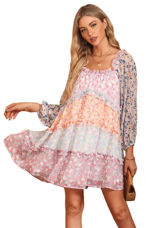 Sky blue floral colorblock tiered puff sleeve dress - mini dresses