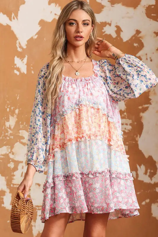 Sky blue floral colorblock tiered puff sleeve dress - mini dresses