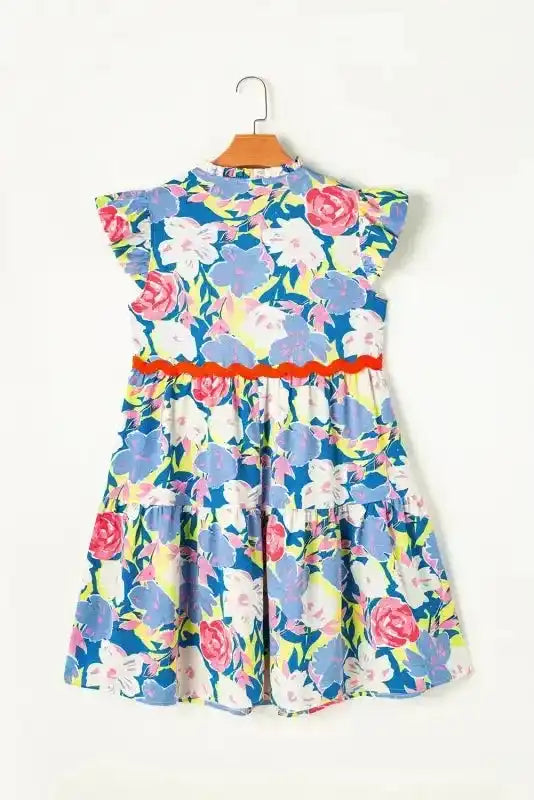 Sky Blue Floral Dress - V Notched Flutter Sleeve - Fashionfitz