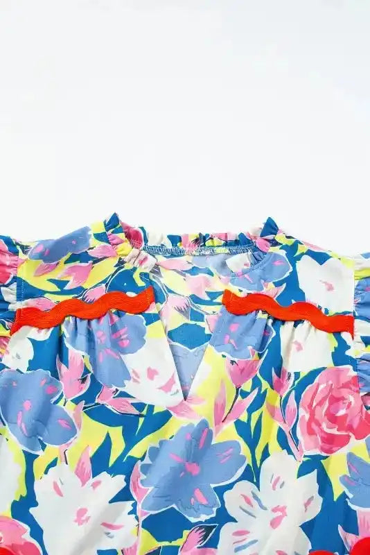 Sky Blue Floral Dress - V Notched Flutter Sleeve - Fashionfitz