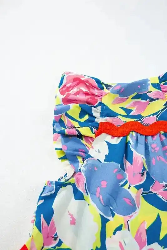 Sky Blue Floral Dress - V Notched Flutter Sleeve - Fashionfitz