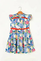 Sky Blue Floral Dress - V Notched Flutter Sleeve - Fashionfitz