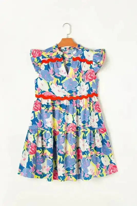 Sky Blue Floral Dress - V Notched Flutter Sleeve - Fashionfitz