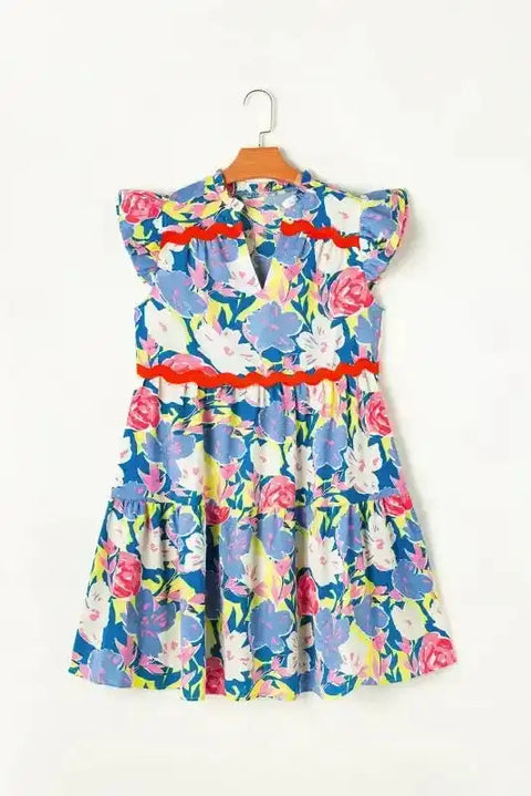 Sky Blue Floral Dress - V Notched Flutter Sleeve - Fashionfitz