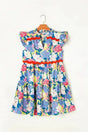 Sky Blue Floral Dress - V Notched Flutter Sleeve - Fashionfitz