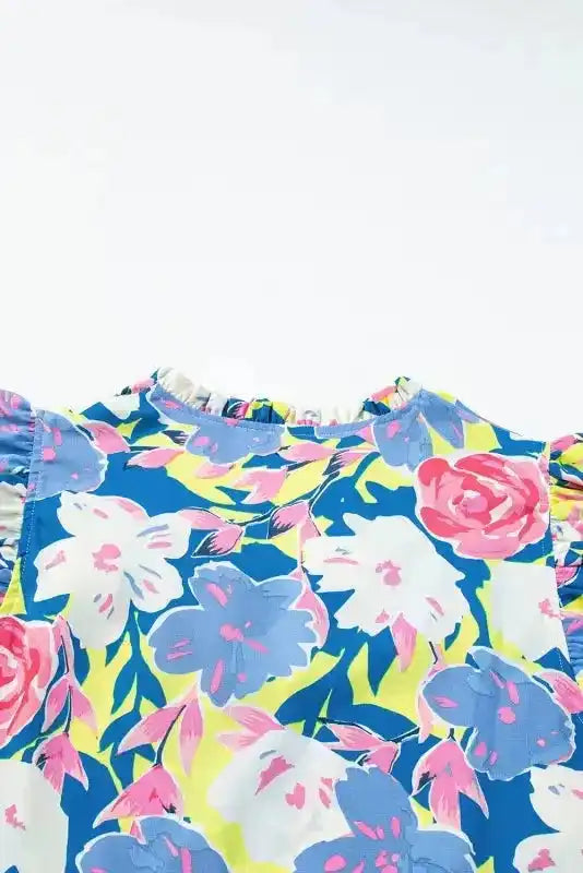 Sky Blue Floral Dress - V Notched Flutter Sleeve - Fashionfitz