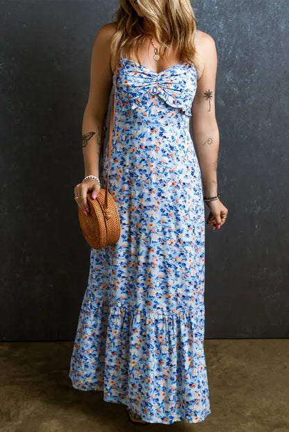 Sky blue floral maxi dress - ruffled ruched