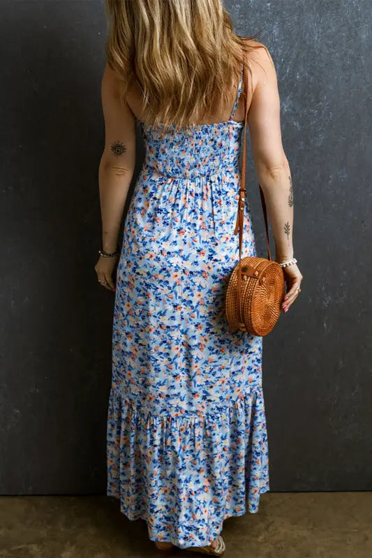 Sky blue floral maxi dress - ruffled ruched