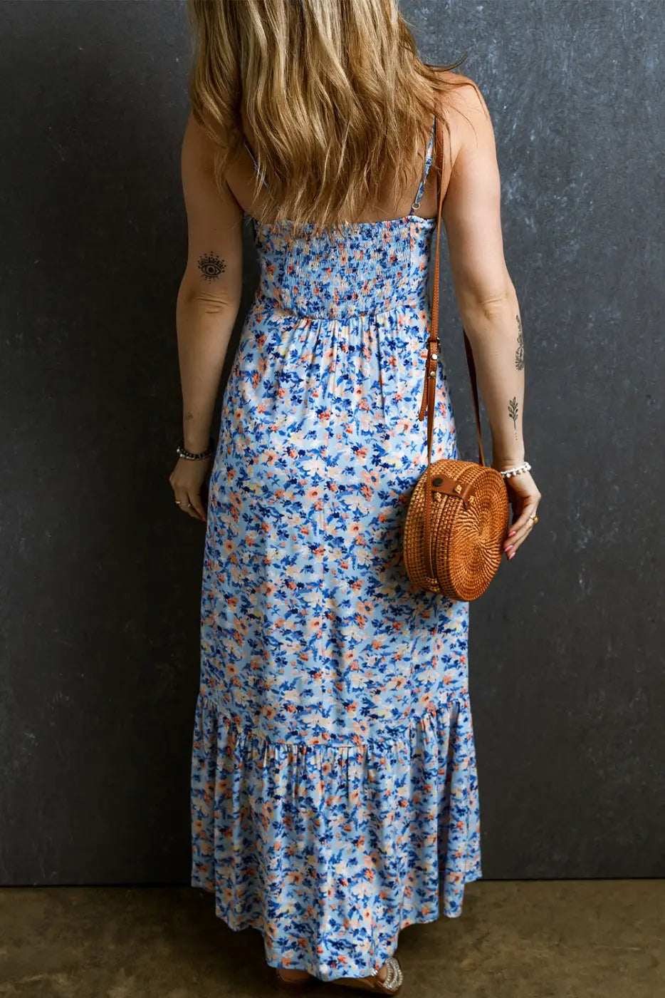 Sky blue floral maxi dress - ruffled ruched - dresses