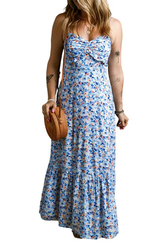 Sky blue floral maxi dress - ruffled ruched