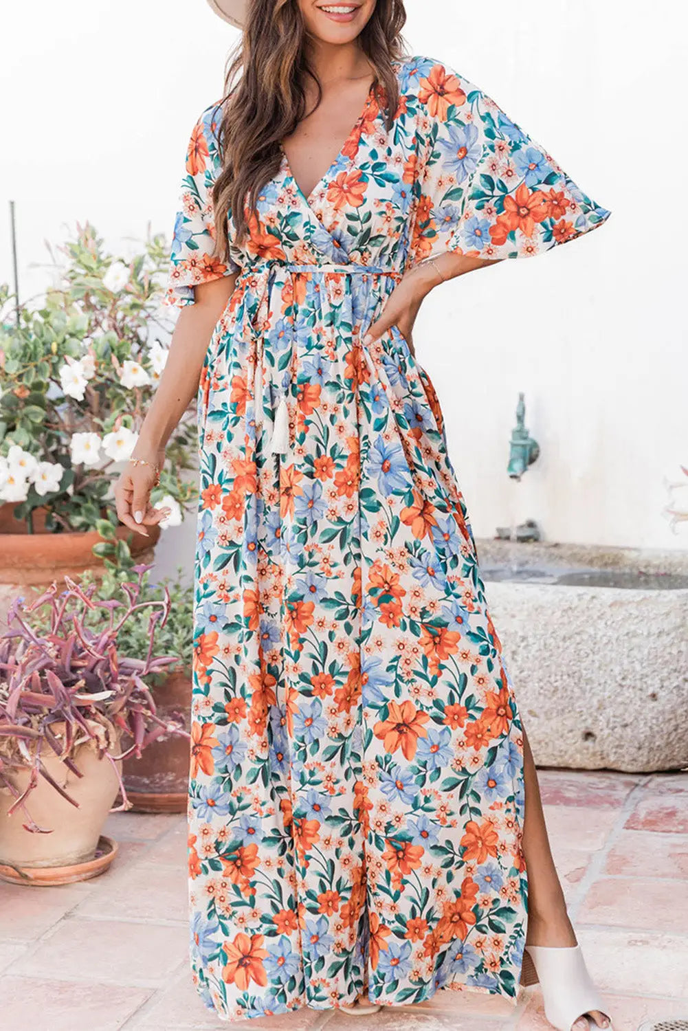 Sky blue floral print wrap belted maxi dress - s / 100% polyester - dresses
