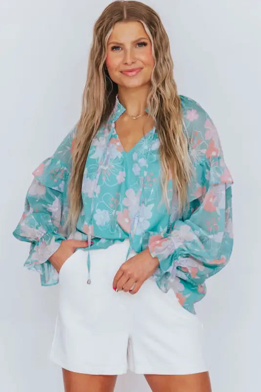 Sky blue floral split neck ruffled puff sleeve blouse - tops