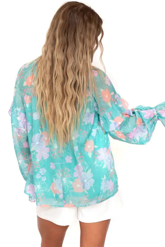 Sky blue floral split neck ruffled puff sleeve blouse - tops