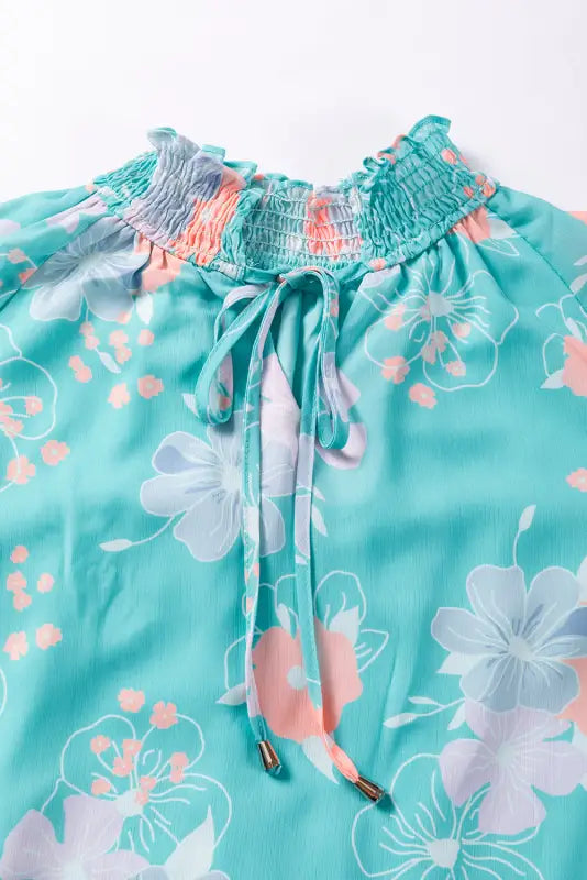 Sky blue floral split neck ruffled puff sleeve blouse - tops