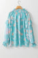 Sky blue floral split neck ruffled puff sleeve blouse - tops