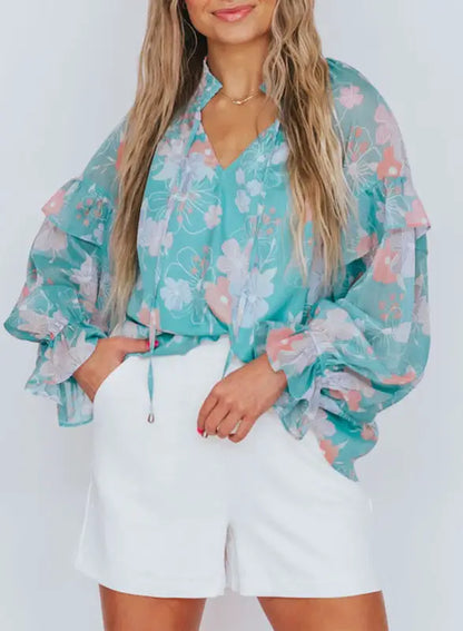 Sky blue floral split neck ruffled puff sleeve blouse - s / 100% polyester - tops