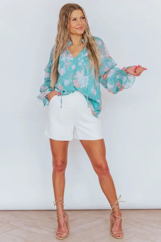 Sky blue floral split neck ruffled puff sleeve blouse - tops