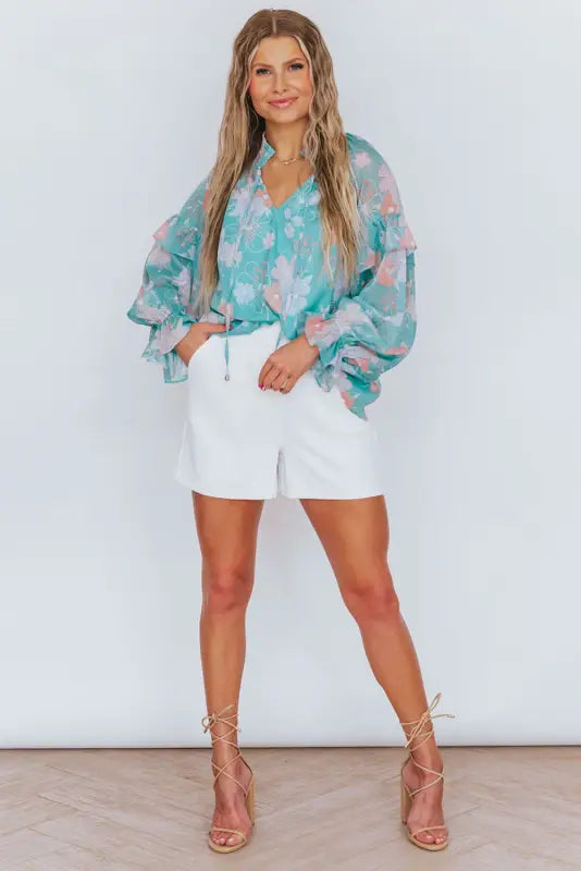 Sky blue floral split neck ruffled puff sleeve blouse - tops