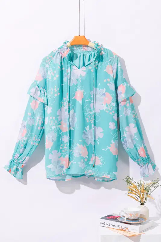 Sky blue floral split neck ruffled puff sleeve blouse - tops