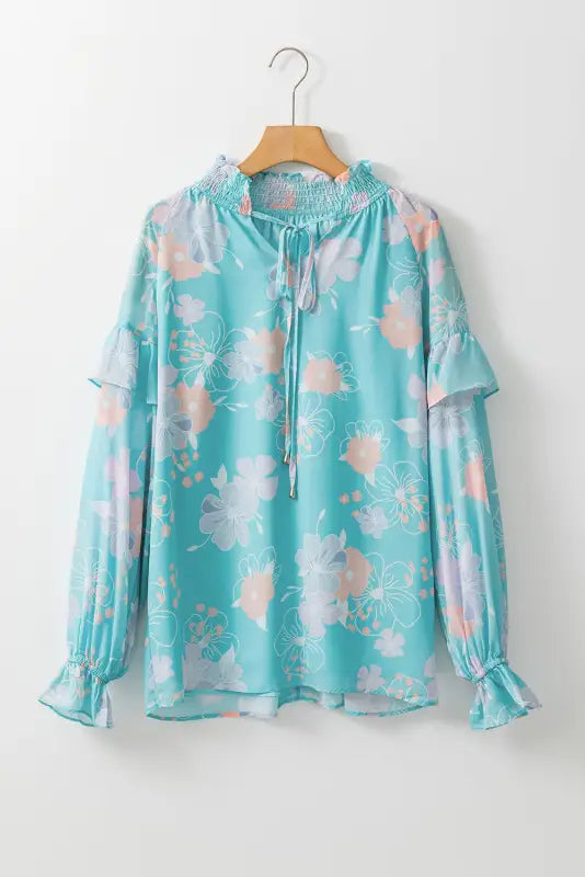 Sky blue floral split neck ruffled puff sleeve blouse - tops