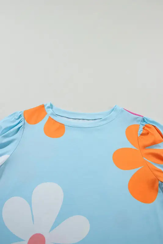 Sky blue flower bubble sleeve tee