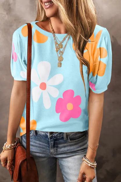 Sky blue flower bubble sleeve tee