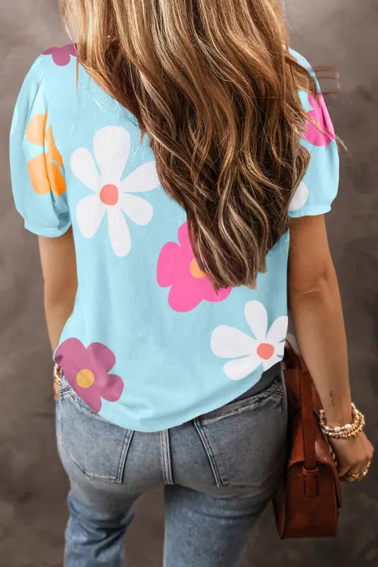 Sky blue flower bubble sleeve tee