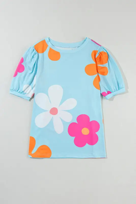 Sky blue flower bubble sleeve tee