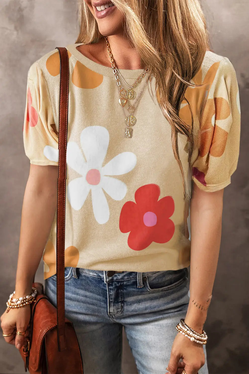 Sky blue flower bubble sleeve tee - apricot / s / 95% polyester + 5% elastane - tops/tops & tees