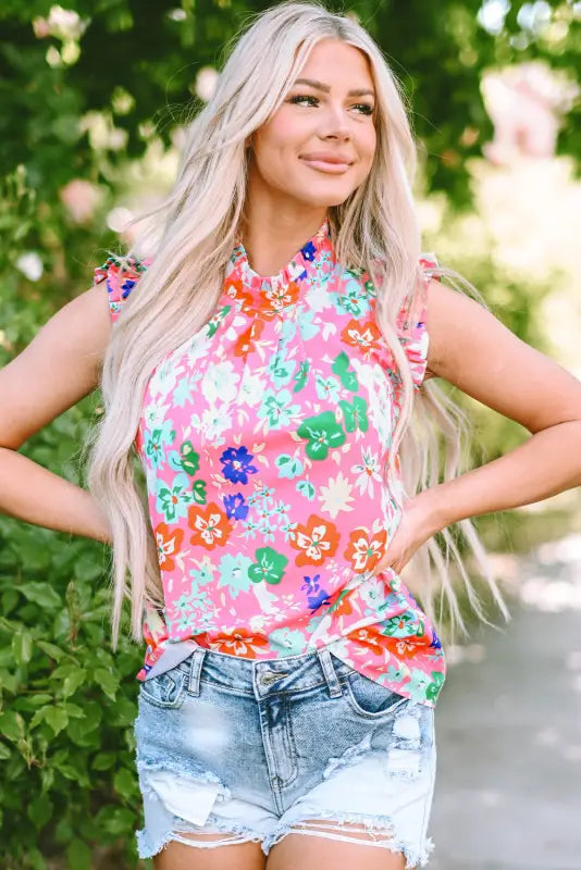 Sky blue frilled collar floral vest - tops/tank tops