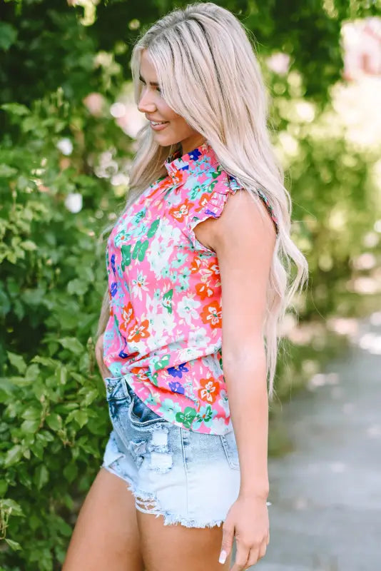 Sky blue frilled collar floral vest - tops/tank tops