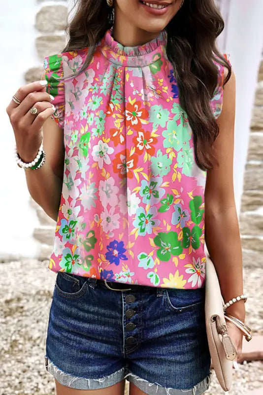 Sky blue frilled collar floral vest - pink / s / 100% polyester - tops/tank tops