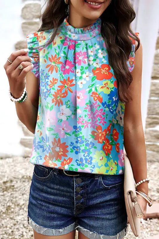 Sky blue frilled collar floral vest - s / 100% polyester - tops/tank tops