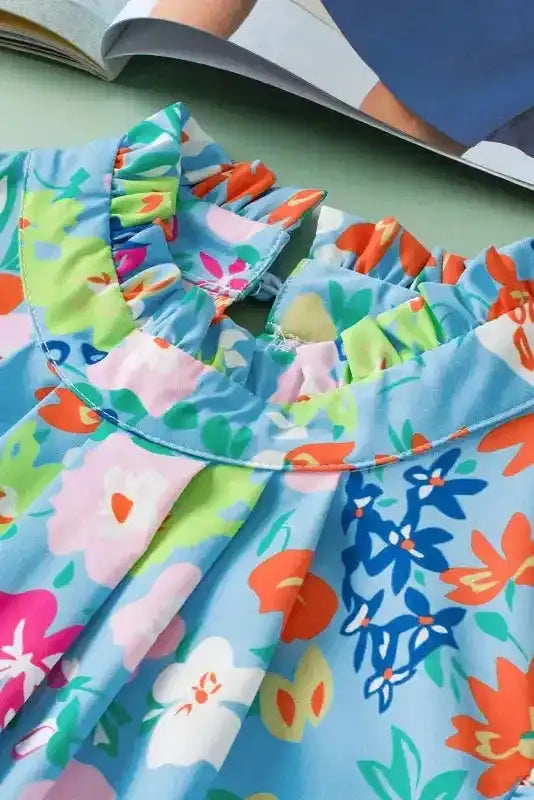 Sky Blue Frilled Collar Floral Vest - Fashionfitz