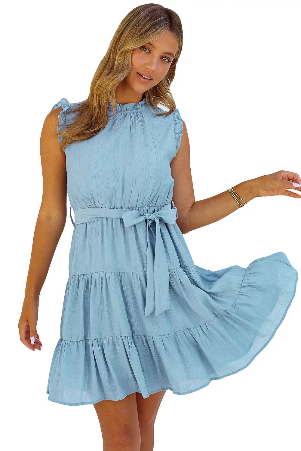 Sky blue frilled neck sleeveless tiered tulle dress - mini dresses