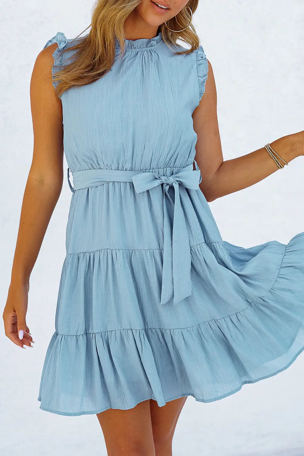 Sky blue frilled neck sleeveless tiered tulle dress - s / 75% viscose + 25% polyamide - mini dresses