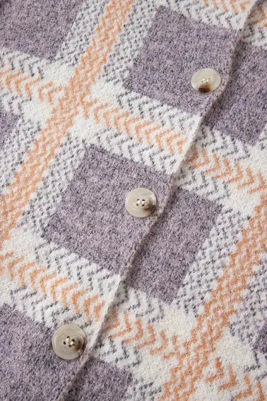 Sky Blue Fuzzy Plaid Collared Button Up Cardigan - Fashionfitz