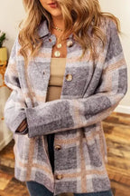 Sky Blue Fuzzy Plaid Collared Button Up Cardigan - Fashionfitz